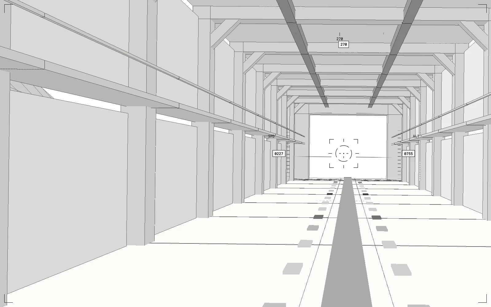 The view from the cockpit of unit FB-02: a launch catapult running to an open hangar door, drawn in grey with ink outlines